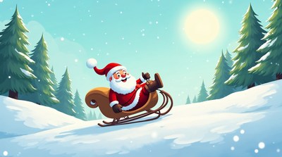 Santa sledding down snowy hill