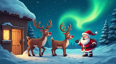 Santa Claus talking to reindeer
