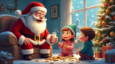 Santa Claus with kids and cookies
