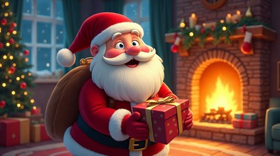 Santa Claus holding gift by fireplace