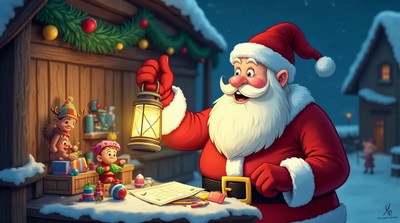 Santa Claus holding lantern at Christmas market