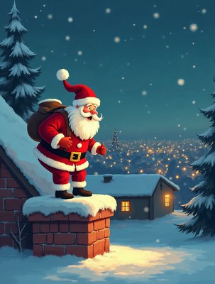 Santa Claus on snowy rooftop