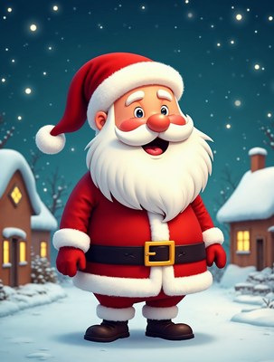 Cartoon Santa Claus in Snowy Village