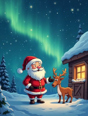 Santa Claus with Reindeer under Aurora