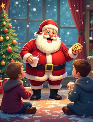 Santa Claus sharing cookies with boys