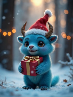 Blue furry creature holding Christmas gift