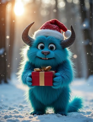 Blue Monster Holding Christmas Gift