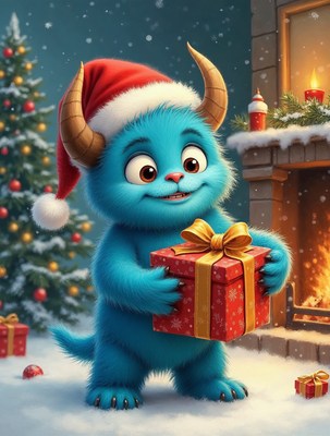 Blue furry monster holding Christmas gift