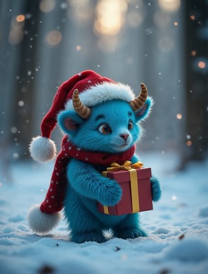 Blue furry creature holding Christmas gift