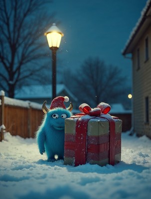 Blue furry monster holding Christmas gift