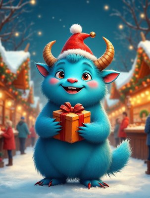 Blue furry demon holding Christmas gift