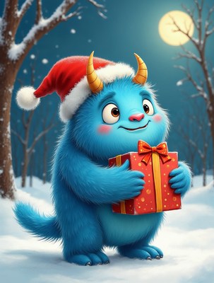 Blue Yeti Holding Christmas Gift