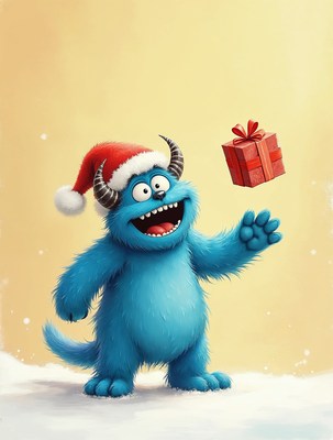 Blue Monster Holding Christmas Gift