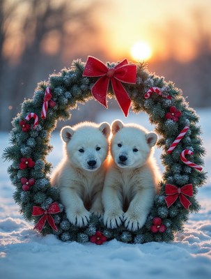 Two polar bear cubs in Christmas wreath