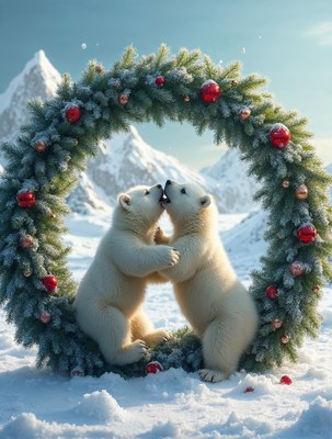 Two polar bear cubs kissing in Christmas wreath