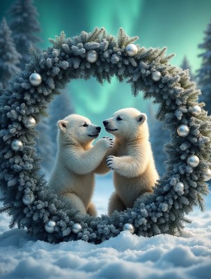 Two polar bear cubs in Christmas wreath