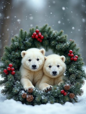 Two polar bear cubs in Christmas wreath