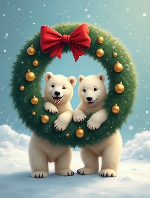 Two polar bear cubs in Christmas wreath