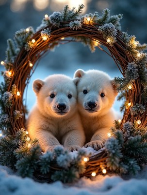 Two polar bear cubs in wreath