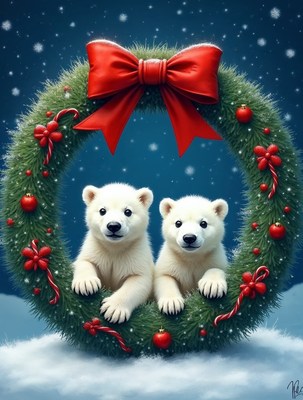 Two polar bear cubs in Christmas wreath