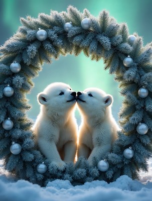 Two Polar Bear Cubs Kissing in Christmas Wreath