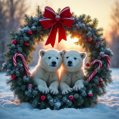 Two polar bear cubs in Christmas wreath