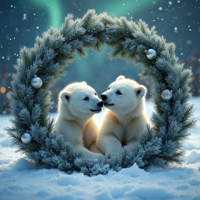 Polar Bear Cubs Kissing in Christmas Wreath