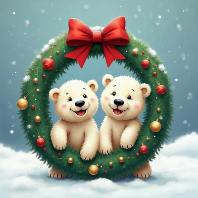Two Cute Polar Bears in Christmas Wreath