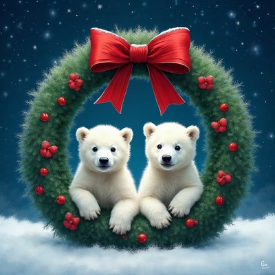 Polar Bear Cubs in Christmas Wreath