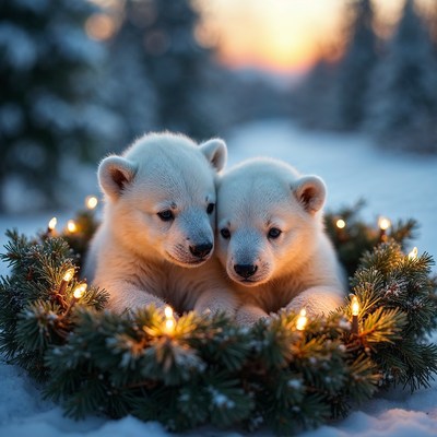 Two polar bear cubs in Christmas wreath
