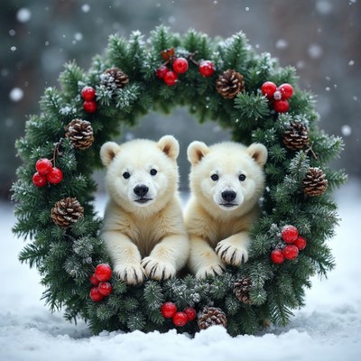 Two polar bear cubs in Christmas wreath