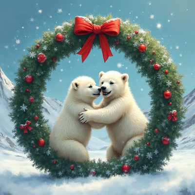 Polar bear cubs hugging in Christmas wreath