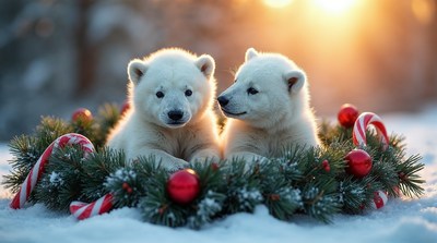Two polar bear cubs in Christmas wreath