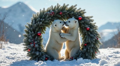 Polar Bear Cubs in Christmas Wreath