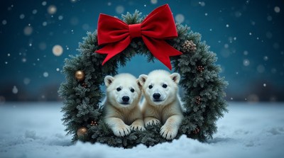 Two polar bear cubs in Christmas wreath