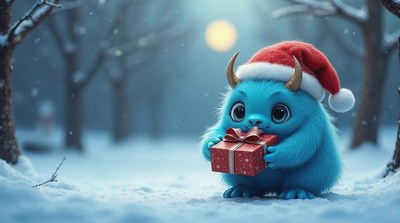 Blue Yeti Monster Holding Christmas Gift