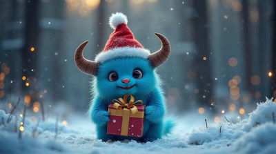 Blue furry monster holding Christmas gift