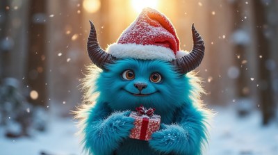 Blue furry monster holding Christmas gift