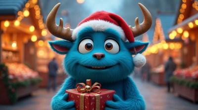 Blue Reindeer Monster Holding Christmas Gift
