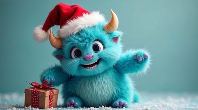 Cute blue monster with Santa hat