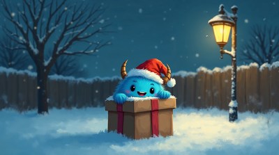 Blue Monster in Santa Hat Gift Box