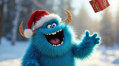 Blue furry monster with Santa hat holding gift