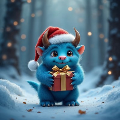 Blue furry creature holding Christmas gift