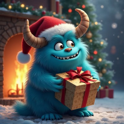 Blue furry monster holding Christmas gift