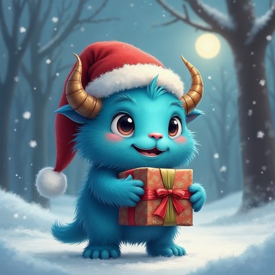 Blue furry creature holding Christmas gift