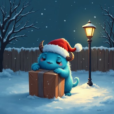 Blue Monster Holding Christmas Gift