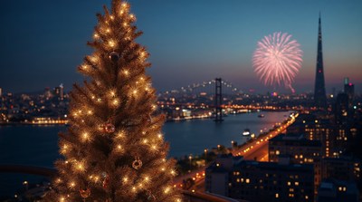 Christmas Tree with Fireworks and Bridge
