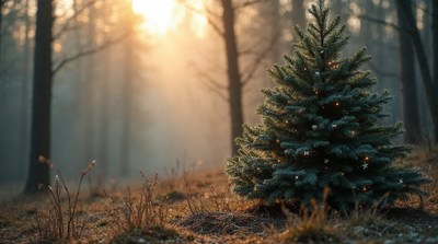 Lit Christmas Tree in Forest Sunrise