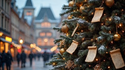 Christmas Tree with Wish Scrolls in Snowy Street