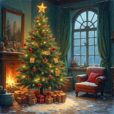 Cozy Christmas Tree by Fireplace